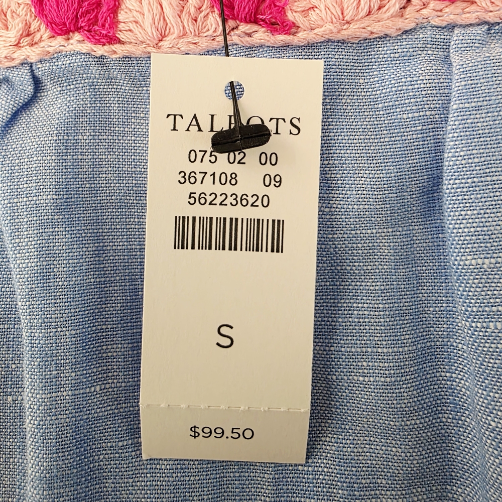 TALBOTS Boho Embroidered Linen Blue Blouse Small - Picture 9 of 12